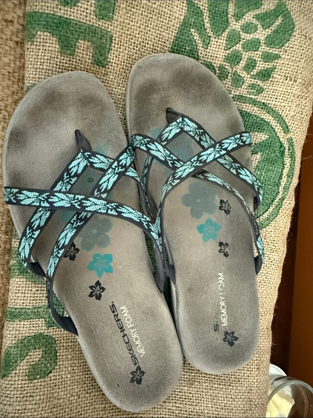 Skechers Teal and Black Floral Strappy Memory Foam Sandals